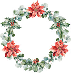 Watercolor vector poinsettia and eucalyptus wreath. Template space for text, message, sign for greeting cards, invitation, wedding card, celebration, banner, print, poster mood decoration, greeting