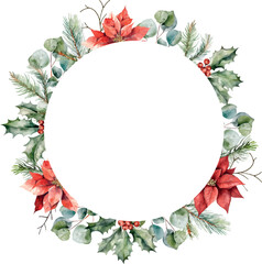 Watercolor vector circle frame with borders made by Holly berries, poinsettia, cedar branches, eucalyptus. Greenery. Template for text, greeting cards, invitation, wedding card, celebration, banner.