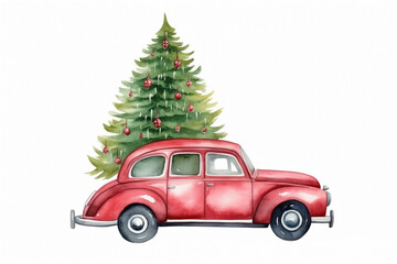 Christmas tree on red car Cartoon watercolor Illustration - Generative AI