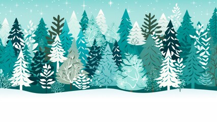 Obraz premium minimalist green and white christmas background line art illustration with trees, snow and stars, Xmas card background banner, copy space for text