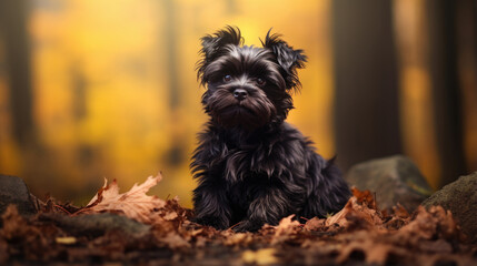 A curious Affenpinscher pup discovers the wonders of the autumn forest.