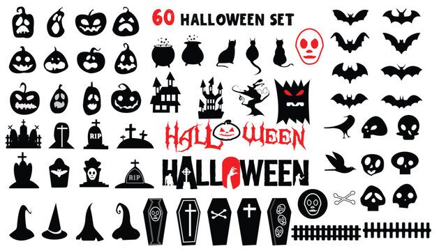 60 Set of silhouettes of Halloween on a white background.set of Halloween silhouette on white background.  Halloween black icon set. Vector illustration. Halloween character silhouettes collection.  