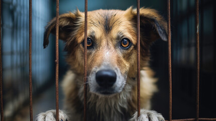 A heart-wrenching image of a sad dog in a shelter cage, abandoned and longing for a loving home. - obrazy, fototapety, plakaty