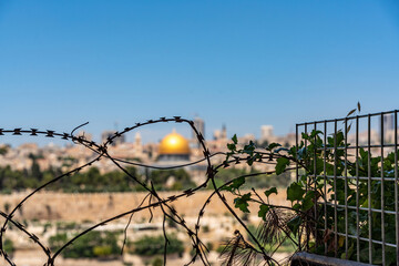 Barbed wire in front of the Dome of the Rock in Jerusalem, Israel