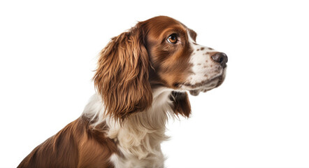 The dog's striking profile stands out against a pure white background.