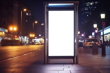 Empty billboard mockup on bus stop at roadside in city. Outdoor blank advertising space in light box at bus stop in night