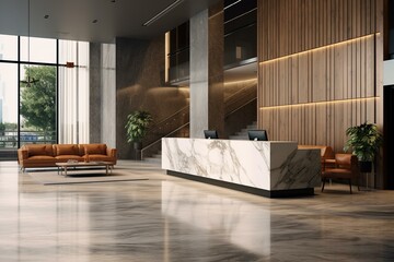 Contemporary office lobby with marble and wooden flooring, reception desk. Emphasizing law, commercial, and workplace. 3D rendering. Generative AI