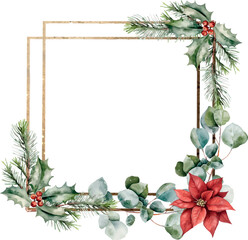 Double square gold frames with with Holly berries, poinsettia, cedar branches, eucalyptus. Greenery. Template greeting cards, invitation, wedding card, celebration, banner, print, poster, decoration.