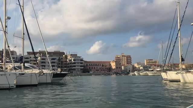 Syracuse. Italy.  Marina in Sicily. Yachts, sailing boats for cruises