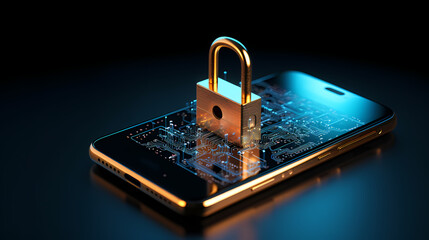 Cyber-Sicherheit und Datenschutz für das Handy mit goldenem Schloss-Schutz - obrazy, fototapety, plakaty