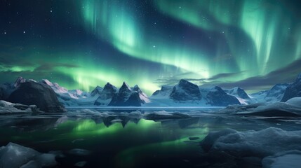 Polar lights illuminating icebergs