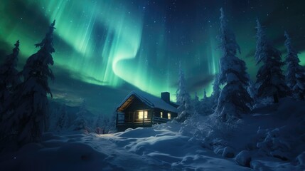 Polar lights swirling above a snowy log cabin