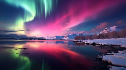 Naklejka na ściany i meble Vivid pink and green polar lights over Arctic waters