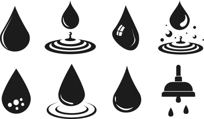 Realistic water drop. Pure, clean water drops. Water Rain. Water drop in different shapes. White background. Vector illustration