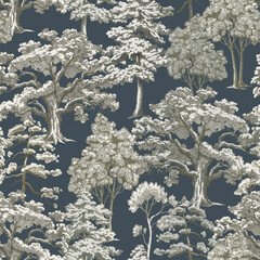 Beautiful seamless pattern with hand drawn forest trees. Stock illustration.