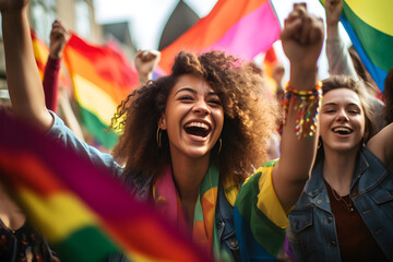 women cheering with pride flags during an outside event