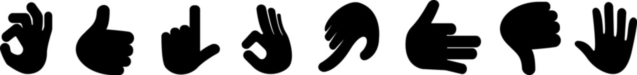 Collection of hand gestures on white background. Thumbs up and thumbs down icons. Confirmation mark
