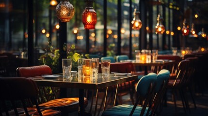 Fototapeta na wymiar Abstract blurred restaurant vintage style with dimly lit atmosphere