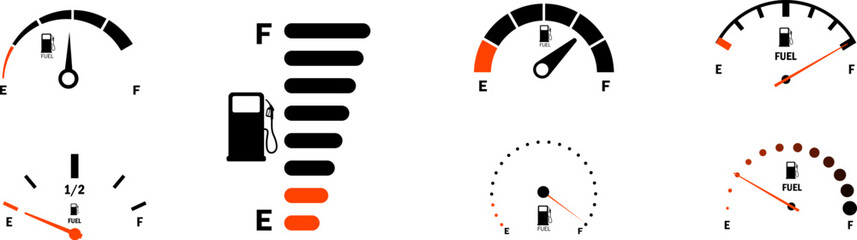 Fuel gauge scale and fuel meter. Fuel indicator. Gas tank gauge. Speedometer, tachometer, indicator icons. Performance measurement. White background. Vector illustration. EPS 10 - obrazy, fototapety, plakaty