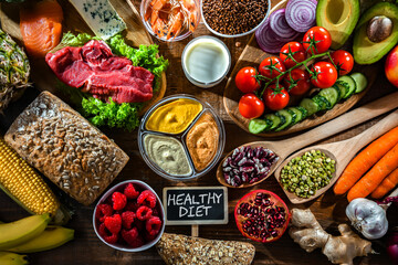 A variety of food products representing balanced diet