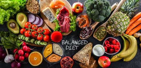 A variety of food products representing balanced diet