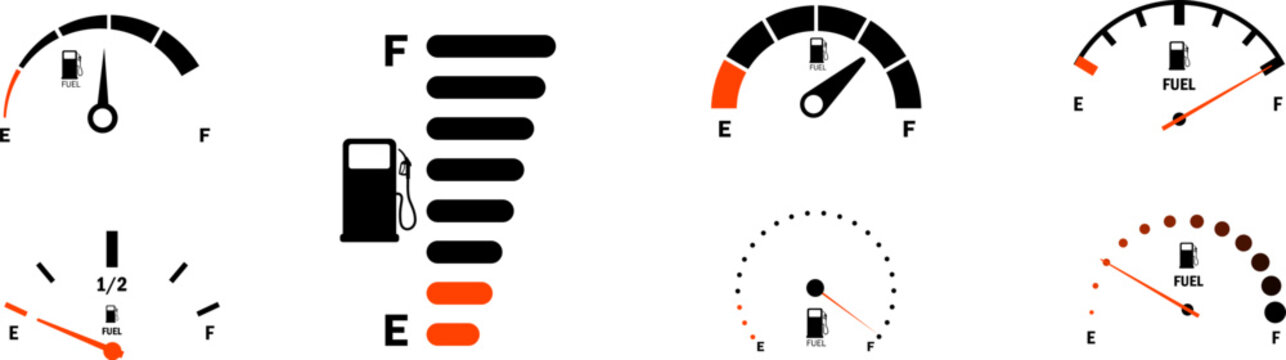 Fuel gauge scale and fuel meter. Fuel indicator. Gas tank gauge. Speedometer, tachometer, indicator icons. Performance measurement. White background. Vector illustration. EPS 10
