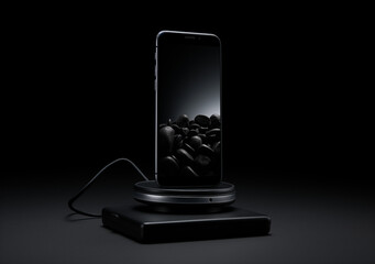 A cell phone sitting on top of a black stand