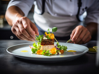 Obraz na płótnie Canvas A French chef prepares a delicious meal in a restaurant kitchen
