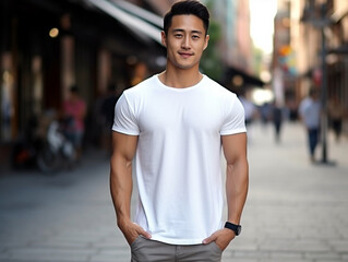 A young Asian male model wearing a white t-shirt, mockup, in an outdoor setting