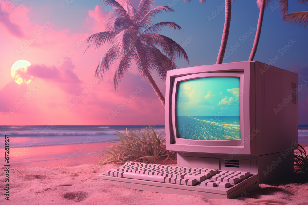 Fototapete collage of vaporwave elements from the '90s, featuring retro computer graphics, palm trees, and past