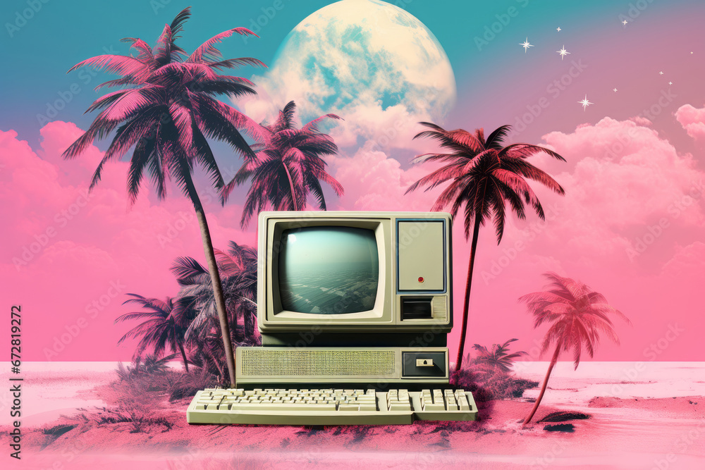 Poster collage of vaporwave elements from the '90s, featuring retro computer graphics, palm trees, and past
