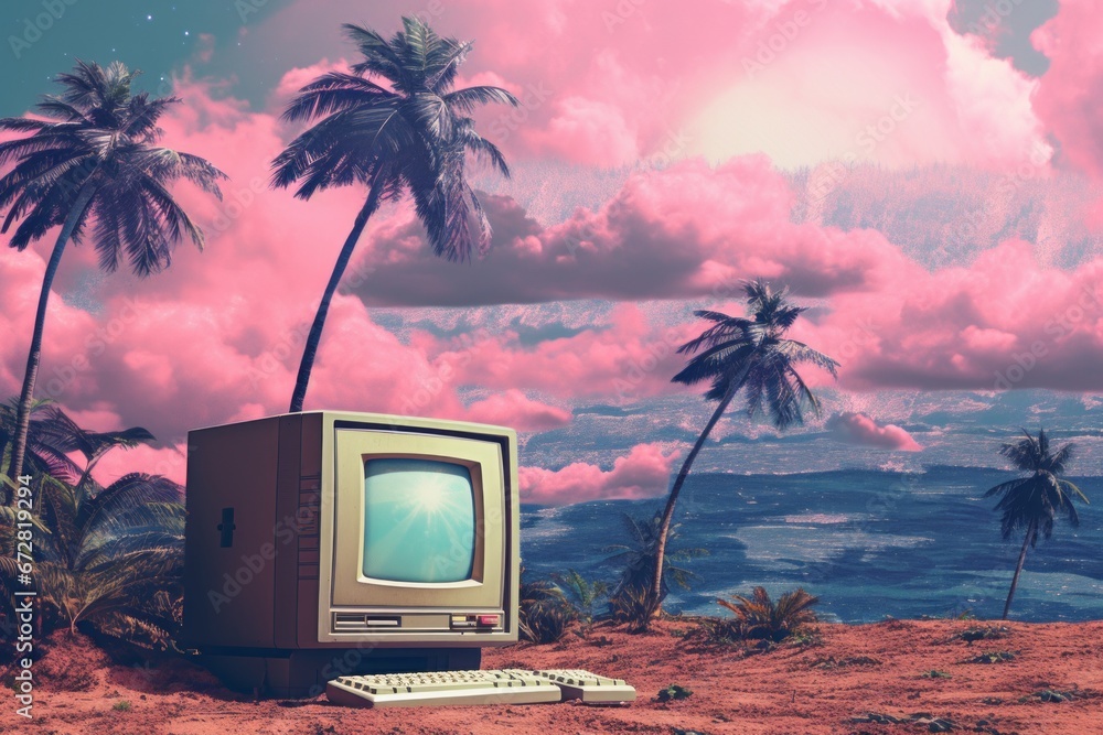 Poster collage of vaporwave elements from the '90s, featuring retro computer graphics, palm trees, and past