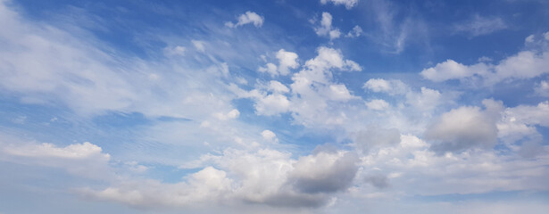 White cloud floating on day sky. Panoramic skyline weather background