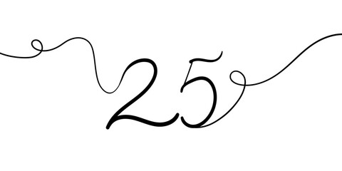 Number 25 line art drawing on white background. 25th birthday continuous drawing contour. Minimal vector illustration