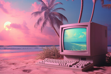 Collage of vaporwave elements from the '90s, featuring retro computer graphics, palm trees, and pastel colors, creating a nostalgic and surreal atmosphere. Generative Ai