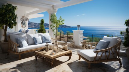 Relaxation area on the modern terrace with panoramic sea views. - obrazy, fototapety, plakaty