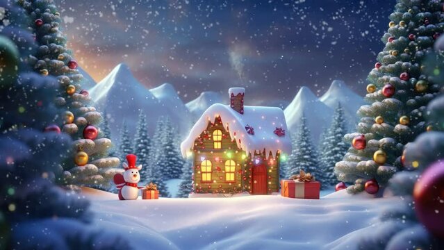 christmas decoration with tree, snowman and gifts. with cartoon style. seamless looping time-lapse virtual video animation background.