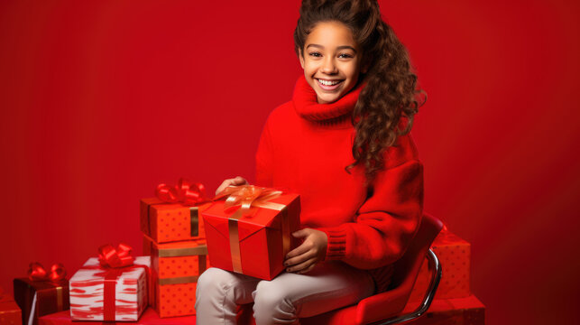 A young girl in a red sweater laughs heartily amidst wrapped Christmas presents against a radiant red backdrop.