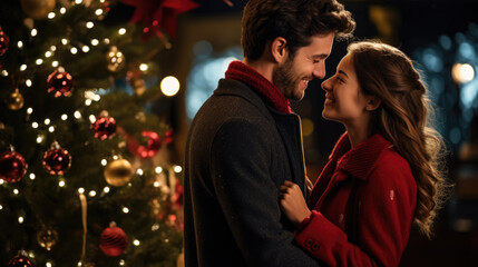 A couple is close together in an affectionate embrace, smiling at each other beside a decorated Christmas tree with twinkling lights, evoking a warm, festive atmosphere.