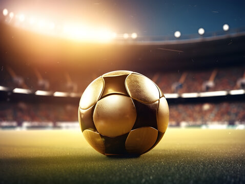 A golden soccer ball on the turf of a football field