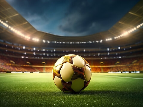 A golden soccer ball on the turf of a football field