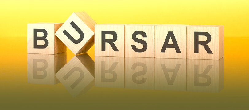 bursar text on wooden blocks on a yellow table. light background. stock market concept