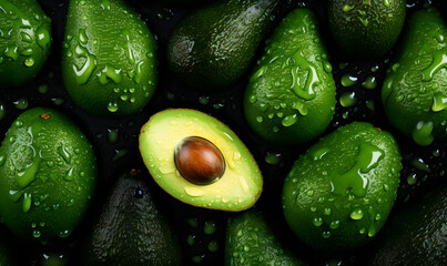 A fresh avocado with water droplets, fruits and vegetables in food photography
