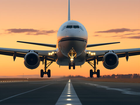 An airplane is about to land on the runway at sunset