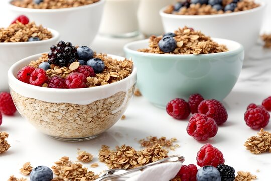 Muesli with berries and milk. Oatmeal. Breakfast. Generative AI.