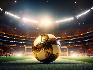 A golden soccer ball on the turf of a football field