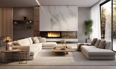 Modern luxurious minimalist style living room, interior design, template, example - obrazy, fototapety, plakaty