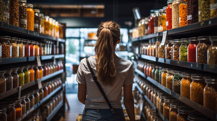 A Woman Thoughtfully Choosing a Variety of Products from the Shelves of a Well-Stocked Grocery Store