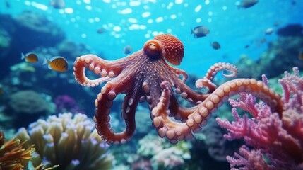octopus in the coral reef animals of the underwater.Generative AI - obrazy, fototapety, plakaty