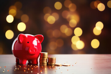 Holiday finance with a piggy bank wearing a Santa hat, surrounded by coins, against a backdrop of festive bokeh lights. Savings and wealth management. Copy space area. - obrazy, fototapety, plakaty